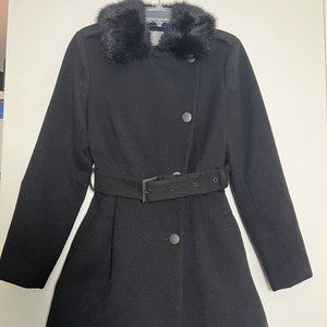 ASOS Black with faux fur trim flared and belted winter coat